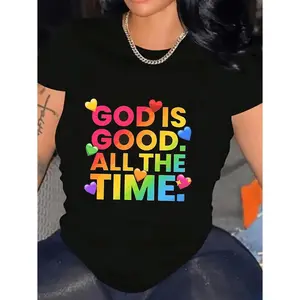 Plus Size Women's Faith T-Shirt With Colorful Heart And Scripture Design Soft Breathable Casual Top For Church Prayer and Casual Wear
