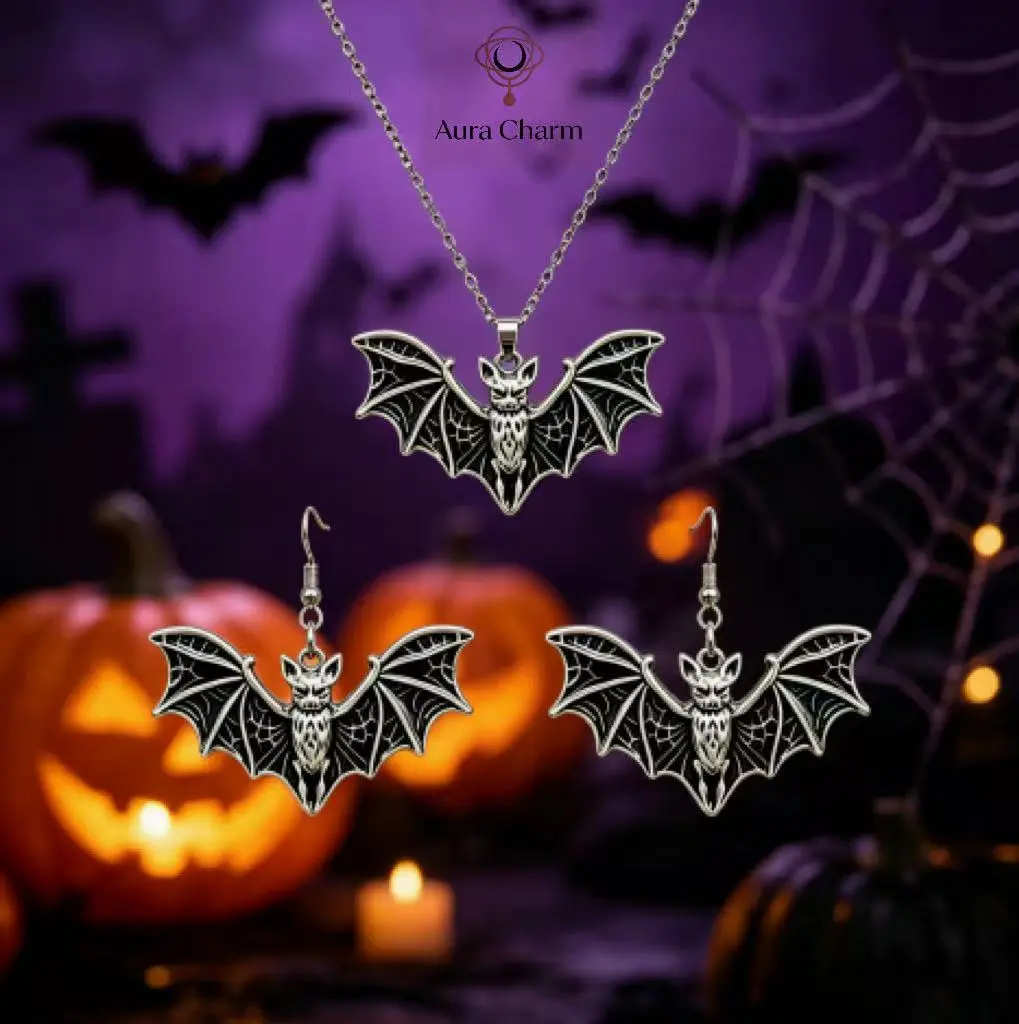 Gothic Vintage Black Bat Pendant Necklace Earring Set Zinc Alloy Electroplated Vampire Dark Jewelry Adjustable Chain Summerween Halloween Costume Accessory Unisex Holiday Gift