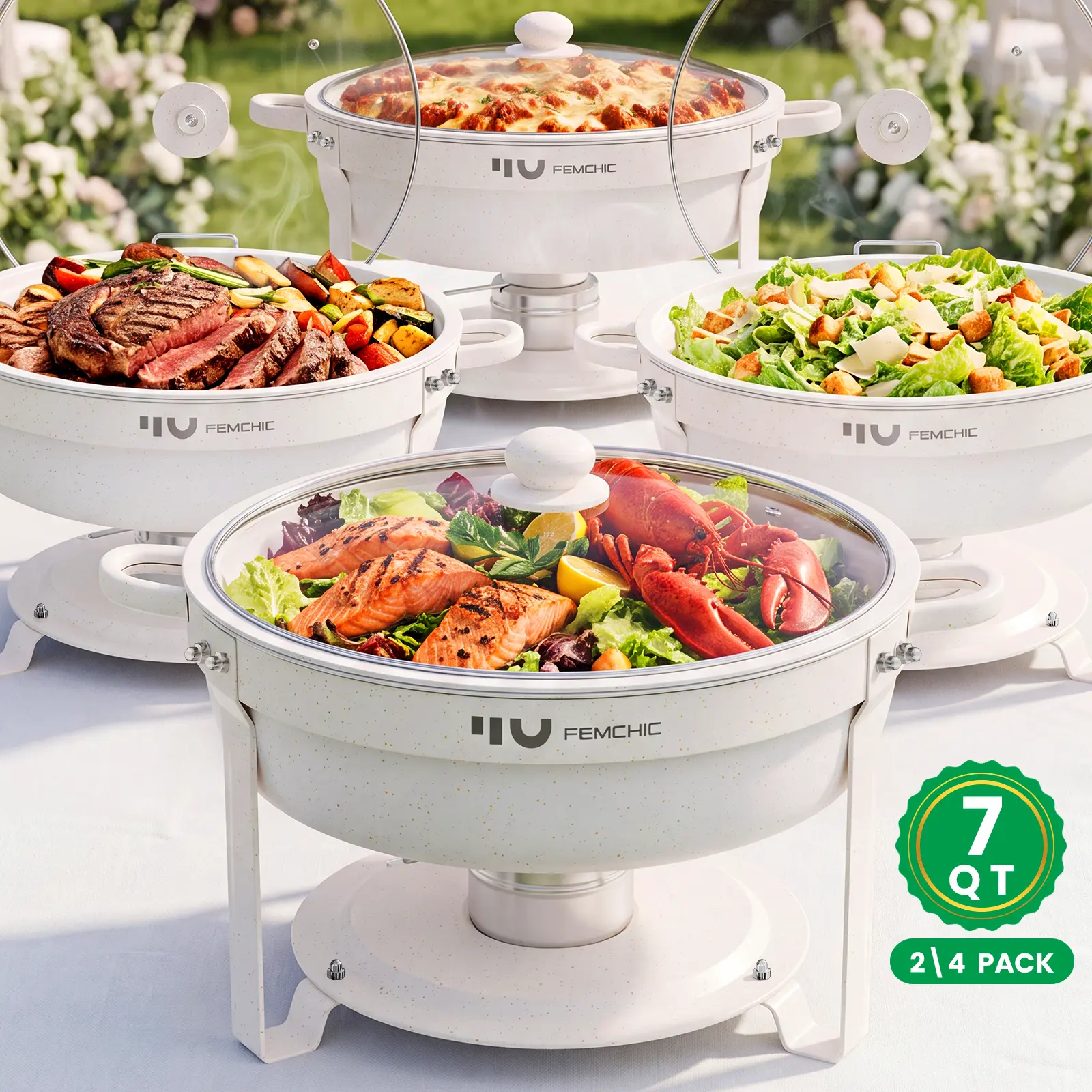 Femchic 7QT White Chafing Dish Buffet Set Maifanite-Coated, 2/4 Pack Round Chafer Set with Glass Lid, Stackable Food Warmers with Lid Holder, Dishwasher Safe, for Catering, Parties, Weddings & Events