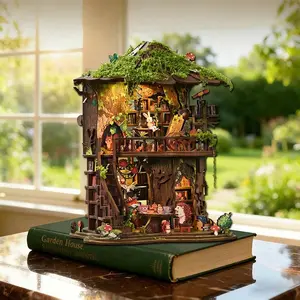 flash card 3DWooden Book Nook Kit,Enchanted Forest Treehouse Miniature House,DIY Stress Relief Craft,WhimsicalGift for BookLovers&Hobbyists