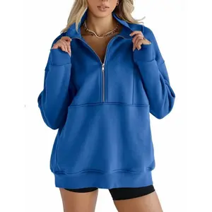 Women's half-zip sweater, fleece with stand collar and long sleeves, thumb hole design, oversized pullover with pockets