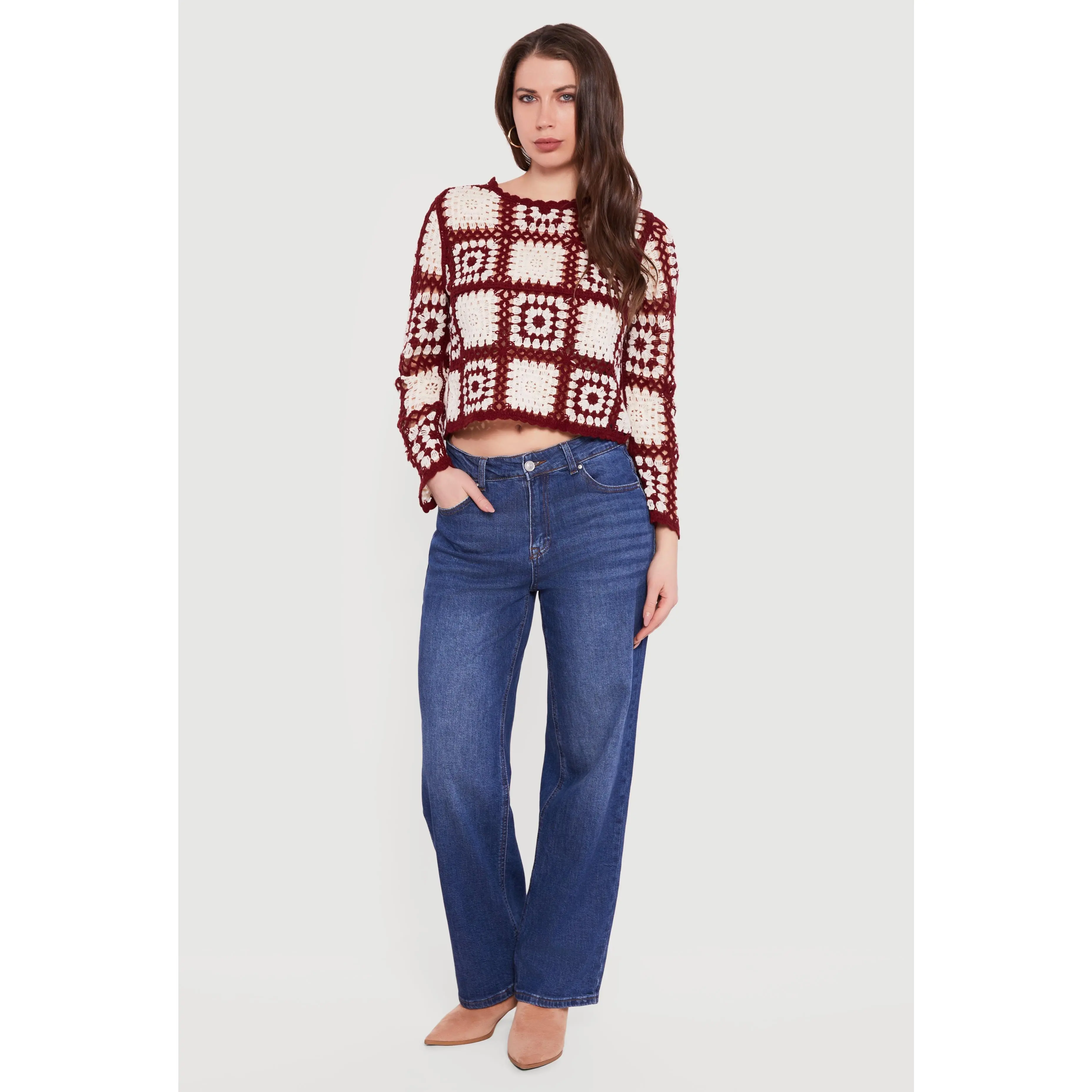 Geometric Crochet Cropped Long Sleeve Sweater