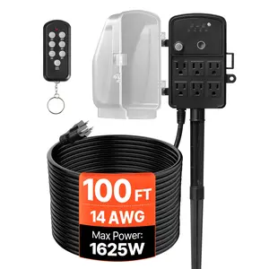 Outdoor Weatherproof Power Stake with PC Housing, 100FT Extension Cord, 6-Outlet Power Strip with Cover, Remote & Dusk-to-Dawn Timer Control, 1625W Load/13A Plug, for Christmas Lights, Garden Use