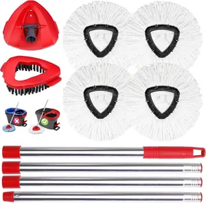 O-Ceda mop head replacement complete set, 4 pieces of white machine-washable ultra-fine fiber rotating mop replacement heads, 1 abrasive brush, 1 base, 1 set of handles, suitable for rotating mop replacement parts for bathtubs and tiles