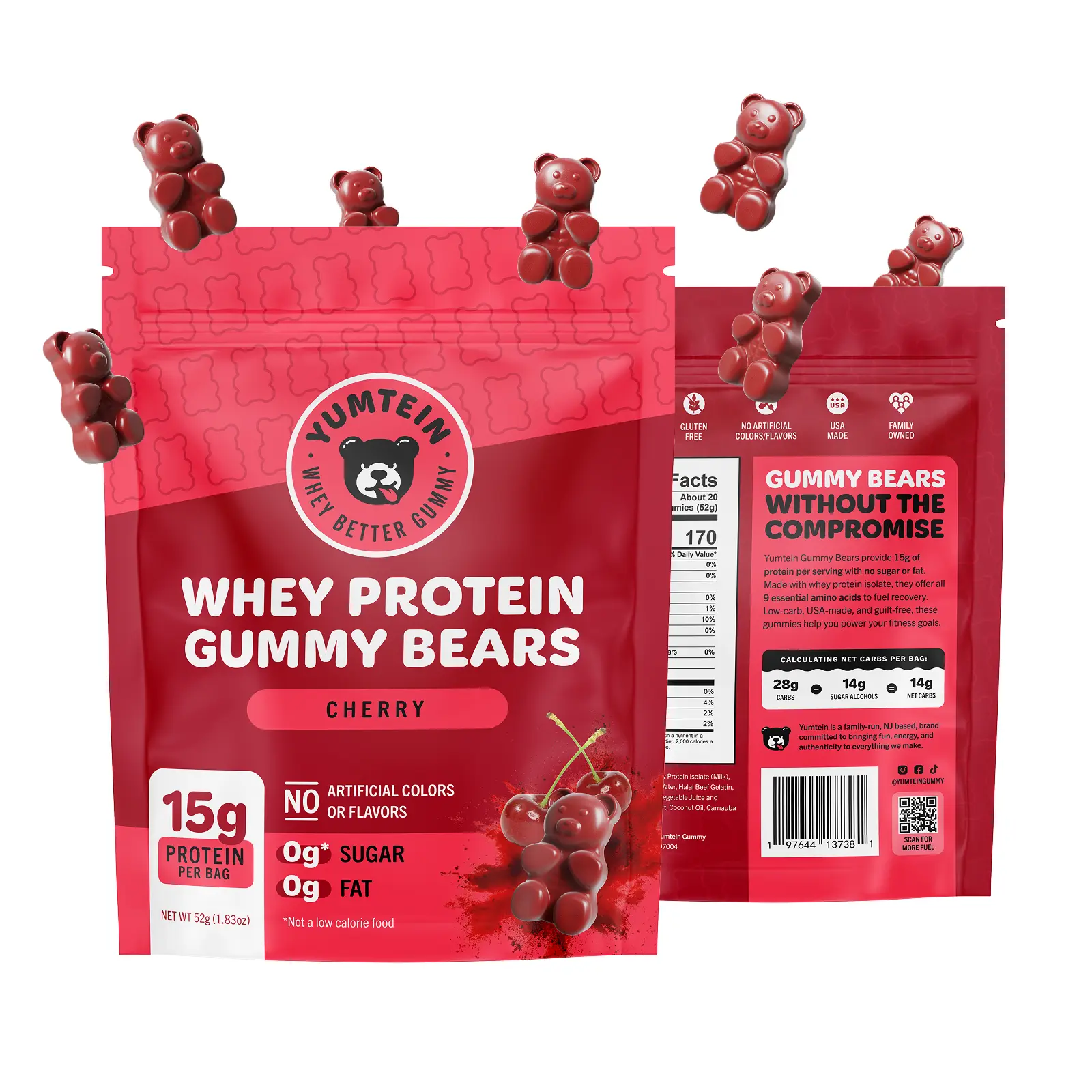 Yumtein Protein Gummy Bears - 15g Protein, 0g Sugar, 0g Fat - Halal Beef Gelatin - Natural Colors - Cherry (170 Cal)