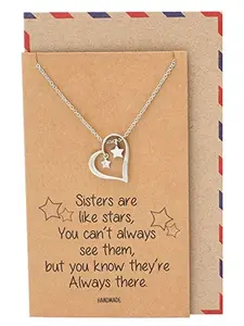 Quan Jewelry Heart and Stars Pendant Little and Big Sister Necklace, Birthday Gifts for Women with Inspirational Quote on Greeting Card - 100% Handmade