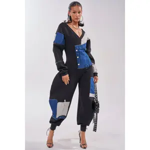 COMFY COZY SWEATSHIRT JUMPSUIT IN PATCHWORK DENIM IN BLACK