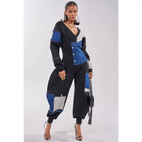 COMFY COZY PATCHWORK JUMPSUIT IN BLACK
