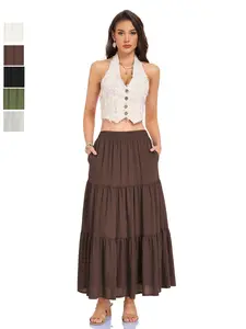 High-Quality Cotton Linen Pocket High-Waisted Elastic Three-Section Belt Design American Fashion Commuter Daily Wear Casual Loose Women Bottom Skirt