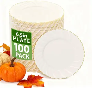 100 Pack  Scalloped Plastic Plates - 6.5 Inch  Disposable Plates with  Rim - High End Elegant  Dessert Salad Plate for Birthday Parties & Wedding Thanksgiving
