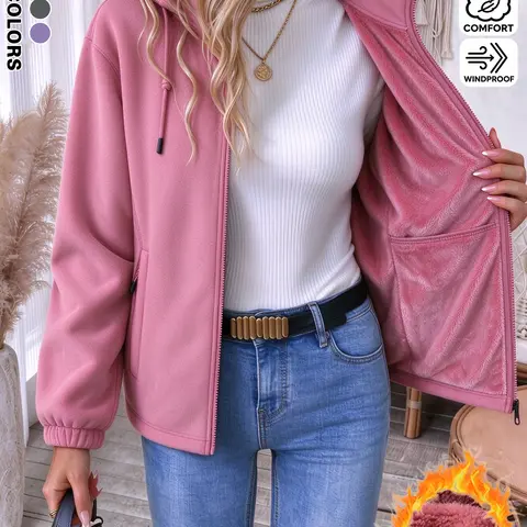 Women’s winter plush jacket, fleece-lined and thick for warmth, loose casual women’s outerwear, chenille fabric, zip front closure, side zipper pockets, solid color hooded sweatshirt, hidden large pocket inside