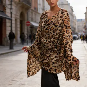 Vselectstudio #47 Leopard Print Shawl Wrap for Women Lightweight Poncho Scarf Stylish Animal Print Wrap Fashion Boho Shawl Elegant Travel Layering Fall Winter Outfit