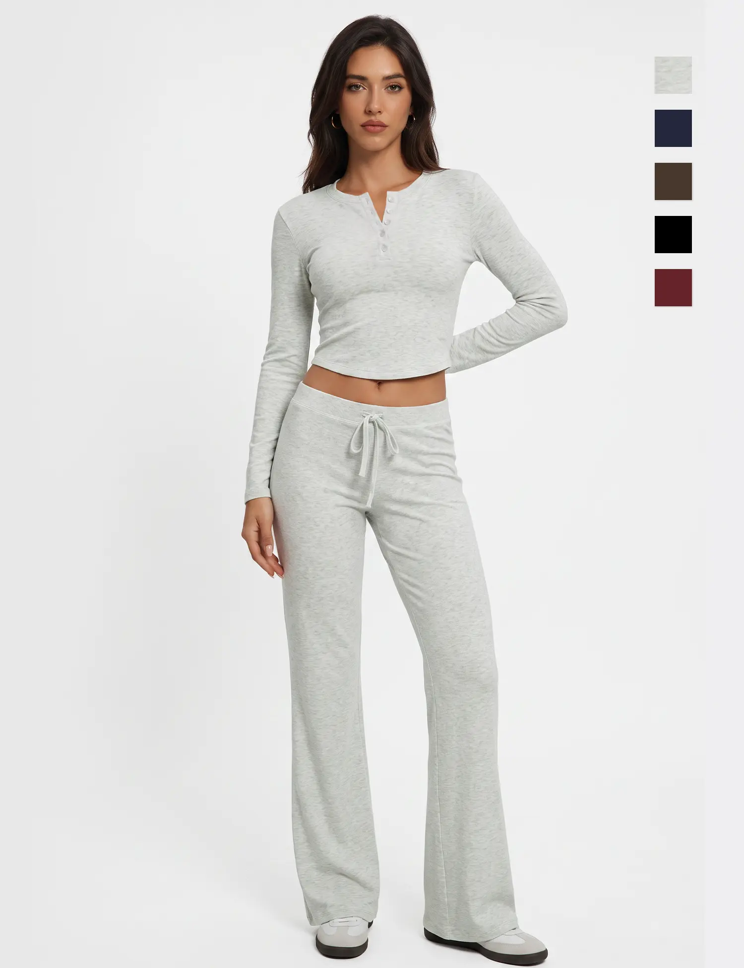 WIETRY Women's 2-Piece Comfy Fashion Clothes Set - Buttery Soft Ribbed Knit Half-Button Henley Neck Long Sleeve Cropped Top, High Waist Drawstring Stretchy Pants, Machine Washable for Daily/Gym Use/W26 Lounge Sweater Sets Casual