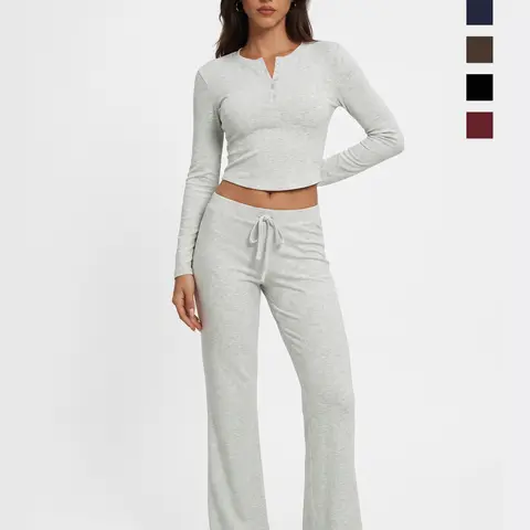 WIETRY Women's 2-Piece Clothing Set - Buttery Soft Ribbed Knit Long Sleeve Tops, Half-Button Henley Neck Cropped Soft Top, High Waist Drawstring Stretchy Pants, Machine Washable for Daily/Gym Use, OOTD Essential
