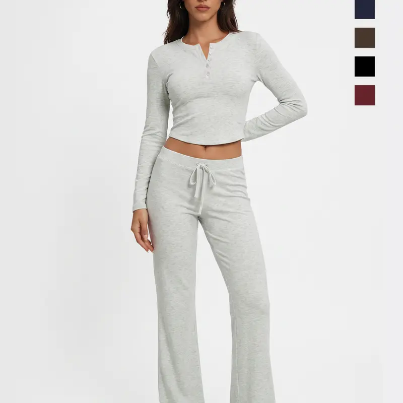 WIETRY Women's 2-Piece Clothing Set - Buttery Soft Ribbed Knit Long Sleeve Tops, Half-Button Henley Neck Cropped Soft Top, High Waist Drawstring Stretchy Pants, Machine Washable for Daily/Gym Use, OOTD Essential