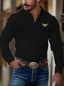 Men's Casual Business Long Sleeve Shirt, Comfortable Denim Pattern Chest Design, Perfect for Office & Daily Wear, Stylish & Practical