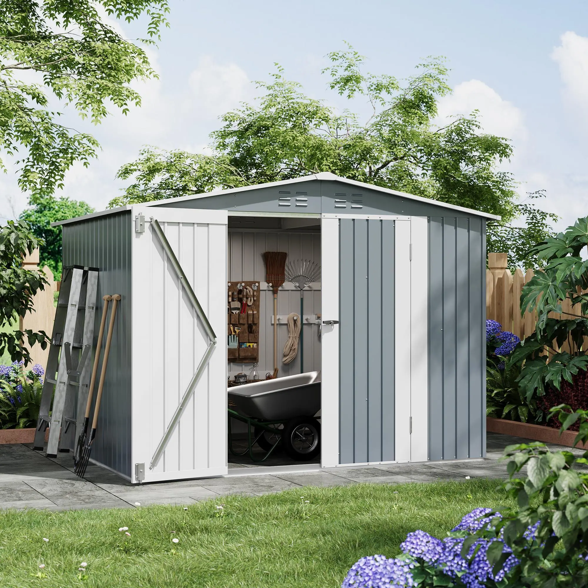 Outdoor Storage Shed 8x6 FT, Metal Garden Tool Shed with Lockable Double Doors & Vents, Weather-Resistant Backyard Storage Shed for Tools, Lawn Equipment & Patio