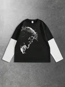 American Religious Jesus Crown Print Long Sleeve Colorblock T-Shirt, Spring Fashion New Arrival, Streetwear Casual Fitted Style