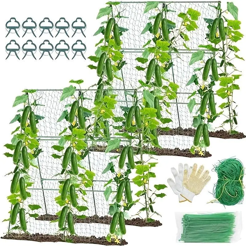 2pcs/4pcs 48" X 48" Foldable Cucumber Trellis For Raised Bed- A-Frame Garden Trellis For Climbing Plant Outdoor With Climbing Net & Plant Support Clip For Outdoor Plants Zucchini Vegetables Flowers