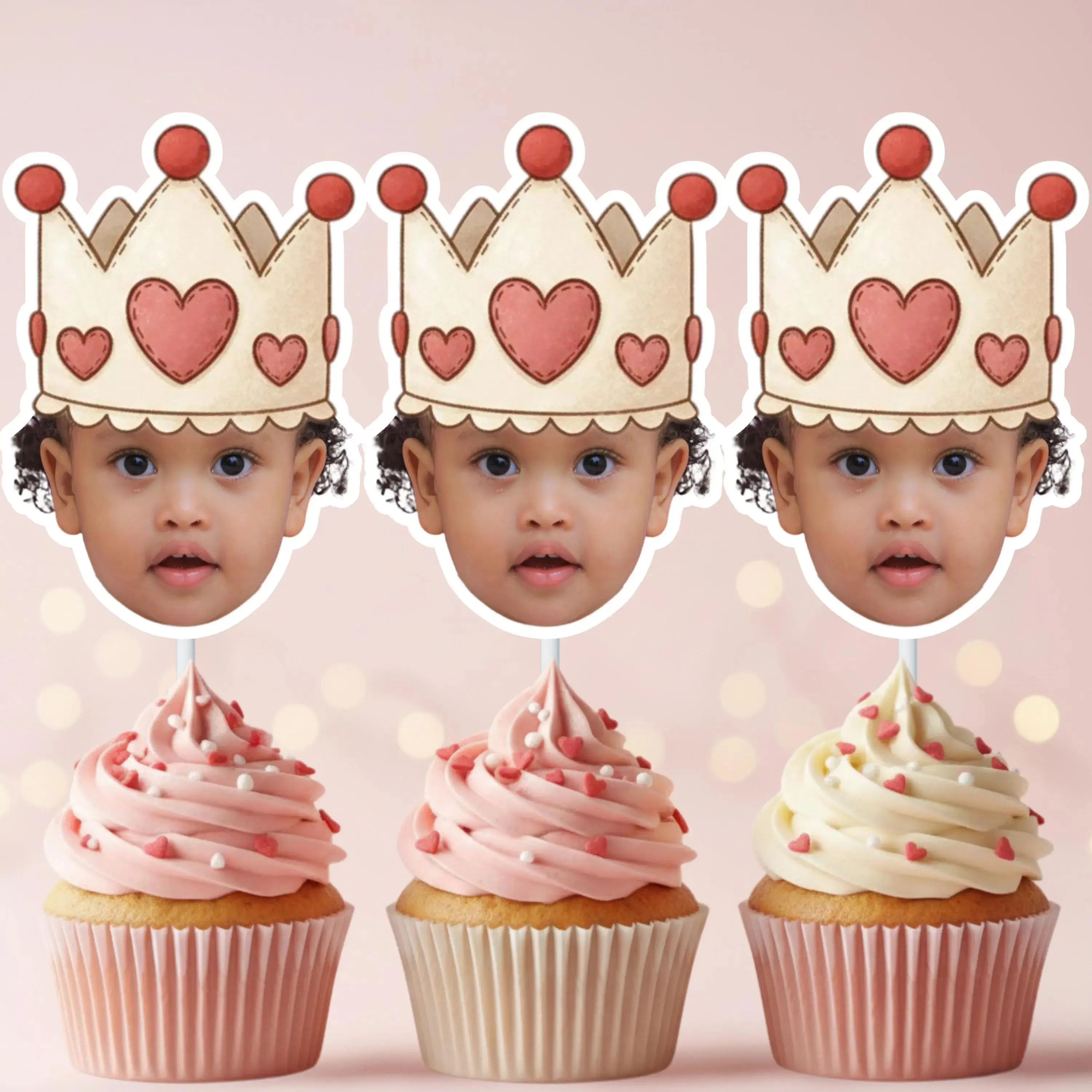 Princess Crown Face Cupcake Toppers - Personalized Sweet 1 Birthday Decor, Photo Star Cake Decorations for Festive Party Supplies