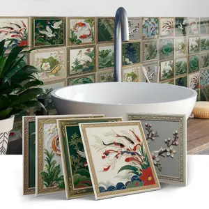 Retro Floral Pattern Tile Stickers, Removable & Stain-Resistant, Easy-Clean Design, Ideal for Kitchen Splash Protection, Stick on Backsplash, Home Decor Enhancement, Sticker Tiles, Decorative Wall Sticker