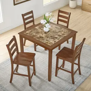 5 Piece Counter Height Dining Table Set with Chairs, Mid Century Modern Square Kitchen Table Set, Includes Dining Table & 4 Bar Stools, Save Space, Brown