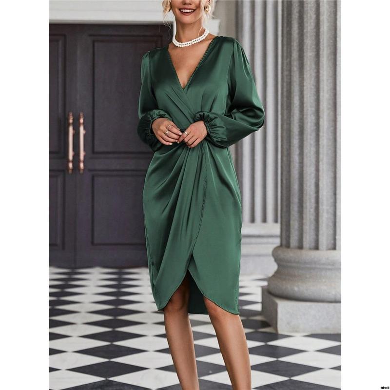 Dress satin hem body sleeve wrap lantern Clasi SHEIN