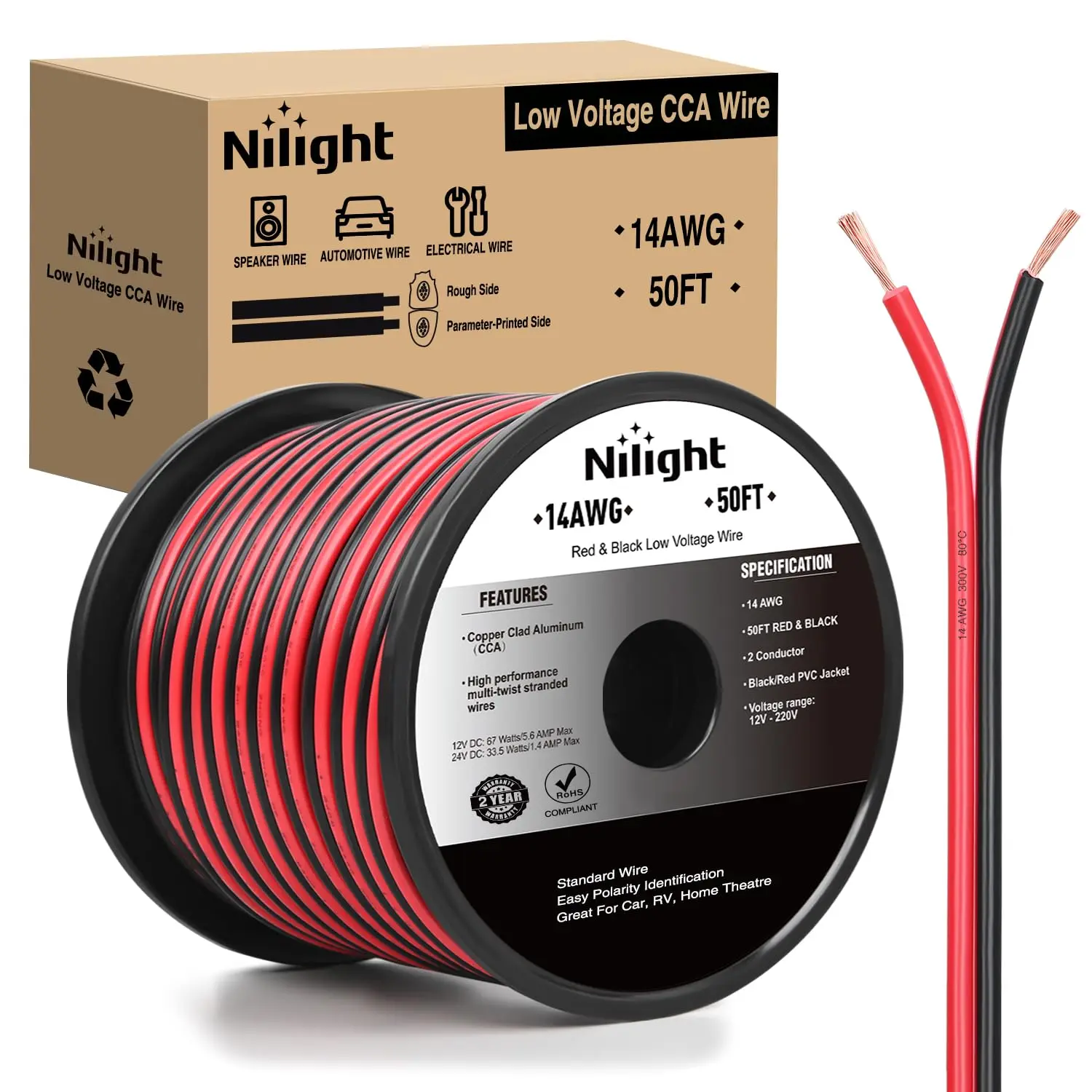 Nilight Wired 50FT 14AWG Plastic Low-Voltage CCA Electrical Cable - 14/2 Gauge Red-Black Copper Clad Aluminum 2-Conductor Parallel, 12V/24V DC Flexible Extension Cord for Car Audio Devices, Device