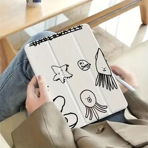 1pc Hand-Drawn Line Drawing Tri-Fold Flip Stand Pen Holder Anti-Drop for iPad Protective Case, Foldable Non-Slip Adjustable Kickstand Flexible Hybrid Cover, Suitable for iPad Air 4th/5th 10.9-inch, 8th/9th 10.2-inch Computer Tablet Smartphone Folding