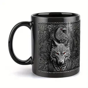Wolf and Raven Celtic Knot Coffee Mug, Norse Viking Ceramic Cup, Gift for Wolf Lovers, Raven Fans and Campers, Birthday or Christmas Gift
