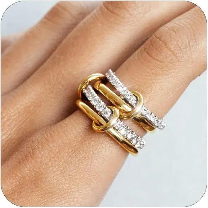 Gold Silver Stackable Rings for Women Non Tarnish 18K Gold Plated Interlocking Ring Stack Set Mixed Metals Statement Rings Dainty Cubic Zirconia CZ Trendy Fashion Chunky Connected Band Thumb Ring Size 4 5 6 7 8 9 10 11 Gold Silver Jewelry Gift for Wom