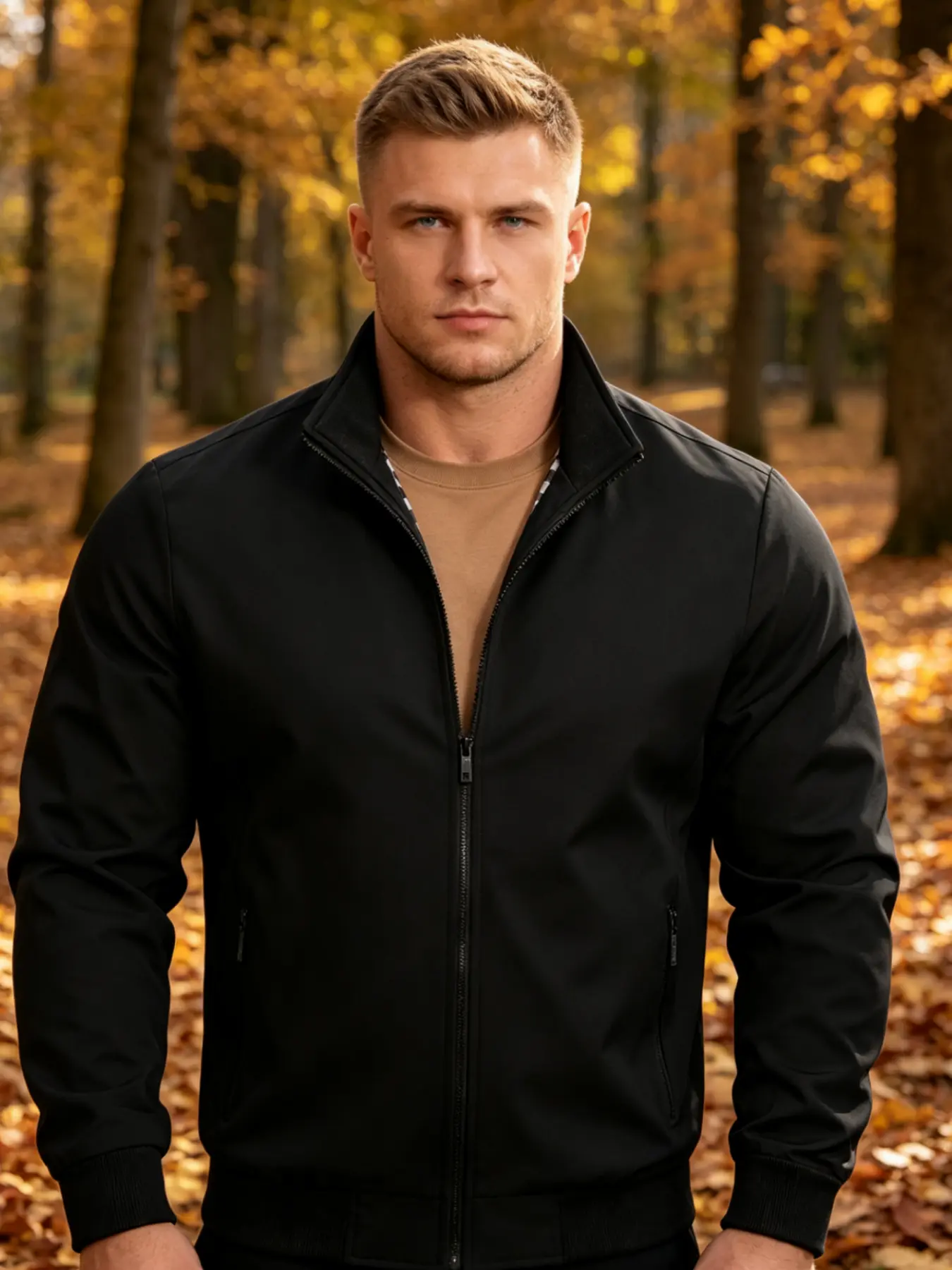 Big & Tall Men Stand Collar Zip‑Up Bomber Jacket, Plus Size Casual Autumn Outerwear for Daily Commute Outdoor