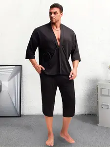 Men's Japanese Style Open Front Cardigan Set, Simple Kimono Sleeve Jacket, Irregular Hem Pants, Elastic Waist Drawstring Seven-Quarter Pants