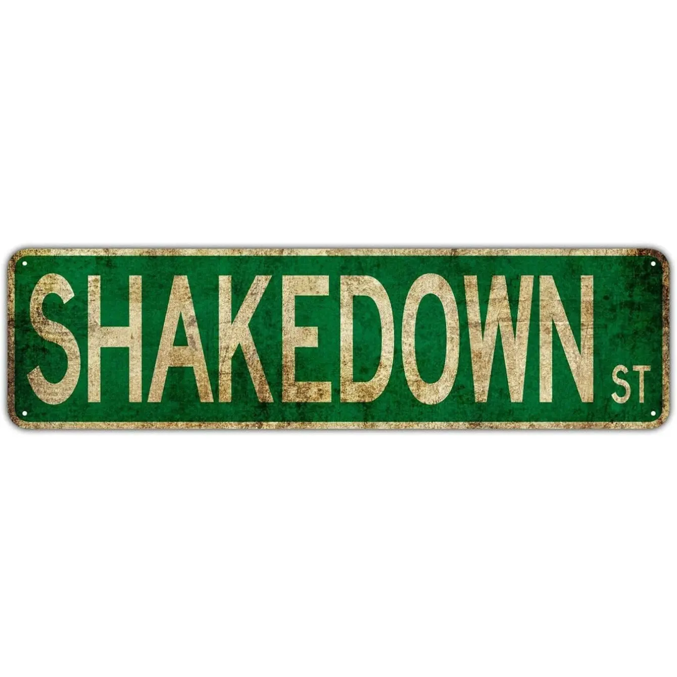 Vintage "Shakedown St" Retro Metal Tin Sign - Distressed Green & White Wall Decor for Home, Bar, for Man Cave, or Driveway - 4x16 Inch Outdoor Plaque, Wall Decor Sign |   Distressed Design |   Weathered Metal Finish, Metal Wall Art Decor
