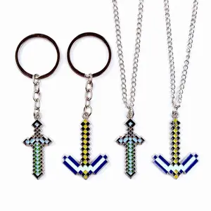 Pixel Style Metal Keychains & Necklace, Sword and Pickaxe