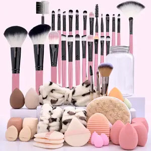 Makeup Brush Powder Puff Tool Set, 52 Pieces with Hair Tie, Soft Bristles, Beauty Sponge, Loose Powder Puffs, Face Cleansing Pad & Bag, Makeup Brush Kit