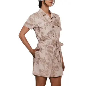 Matty M Women's Linen Blend Button Front Shorts Romper Tropical Palm One-piece