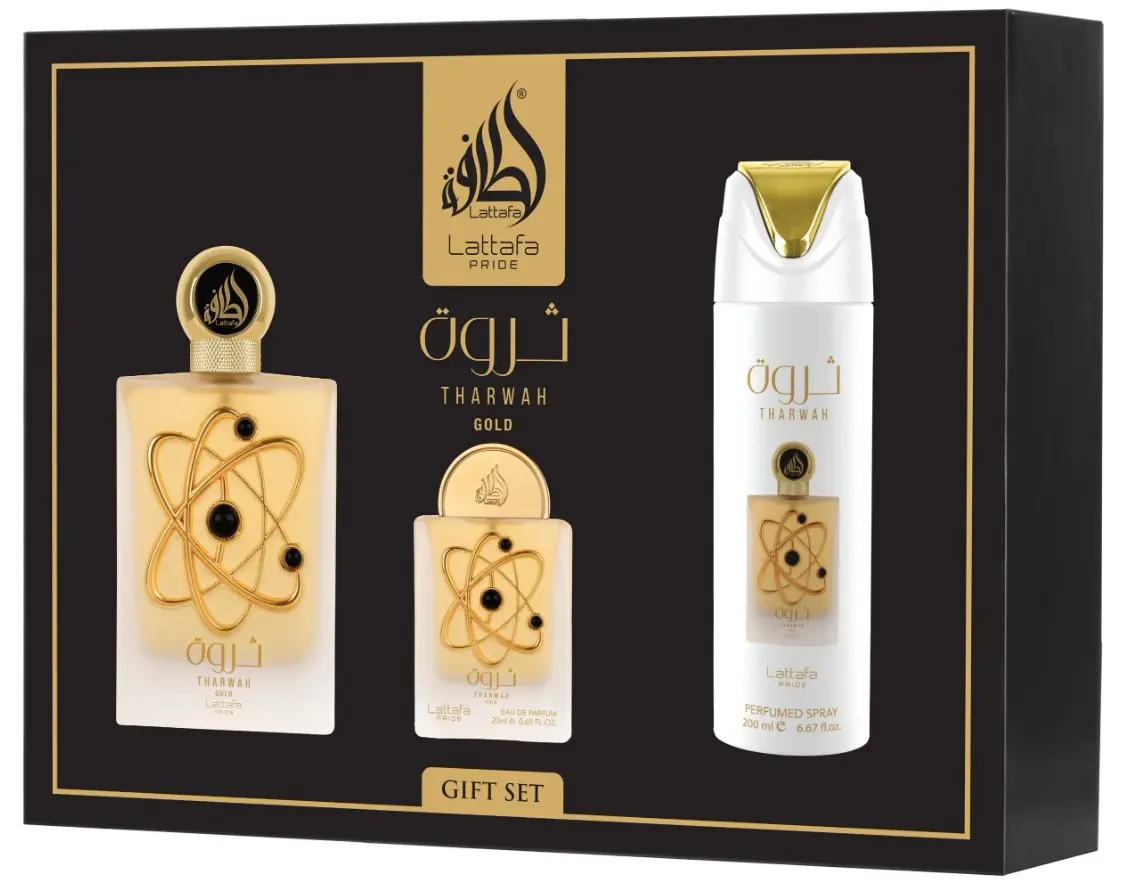 Lattafa Tharwah Gold Women's Fragrance Kit - Layered Floral Woody Eau de Parfum, Sweet Vanilla Aromatic Scent, Everyday Wear Packaged Bundle from UAE, Floral Woody Fragrance