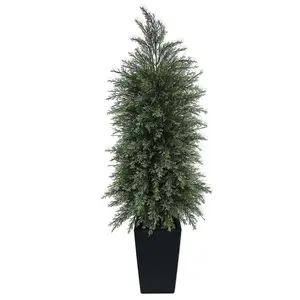 5FT Artificial Topiary Tree with Tall Black Planter, Beautiful Realistic Faux Cedar Pine for Front Porch, UV Rated Fake Shrub for Indoor & Outdoor Home Decor - 1 Pack