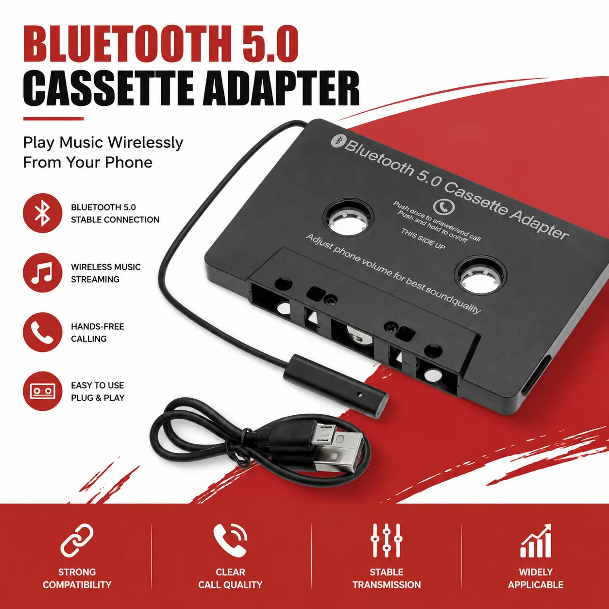 Bluetooth 5.0 Car Audio Cassette Aux Adapter, Wireless Tape Player Receiver with Built-in Mic, 1-Key Answer/End, Universal for iPhone/Android