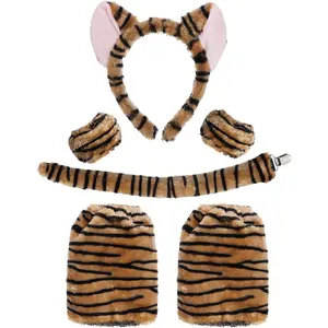 6- Furry Tiger Costume Set - Ears, Gloves,  Covers, Tail for Halloween, Carnival, Birthday Parties &