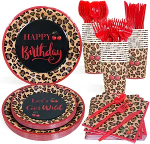 Red Cheetah Print Birthday Party Decorations Plates Set 25 Guests,175pcs Plates Napkins Cups Cutlery Set, Y2K Cherry Leopard Print for Girls Night Big Mama Women