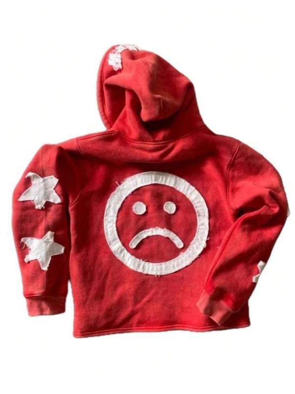 2026 Patchwork Hoodie Letter Star Print Pullover Casual Loose Fit Sweatshirt Red Color 100% Polyester Material