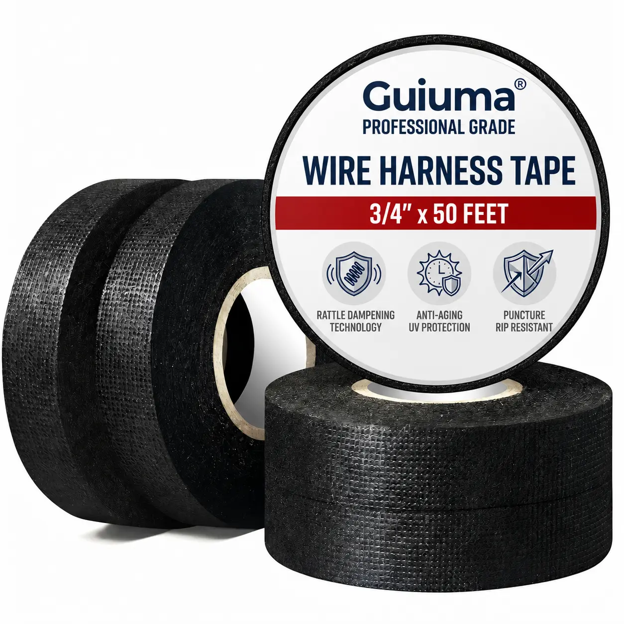 Guiuma Heavy Duty Cloth Wire Harness Tape (5 Rolls), 3/4"x50ft, Strong Adhesive, 250℉ Heat Resist, Insulating, Flexible, Extra-Stick for Tight Wrap, Automotive Wiring Application