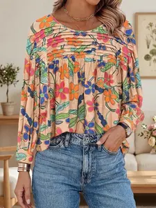 Chic Petal Vintage Bold Floral Pleated Blouse - Boho Puffed Sleeve Top for Women, Lightweight Breathable Fabric, 70s Floral Print, Keyhole Back, Perfect for Beach & Festivals