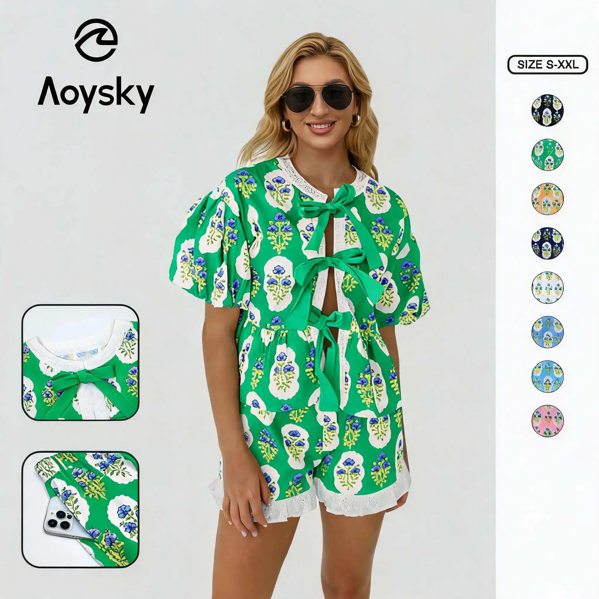 Aoysky Women's 2 Piece Set, Soft Floral Babydoll Loungewear with Adjustable Puff Sleeve Peplum Top and Ruffle Lace Shorts for Summer, Cute, Casual, Fabric, Shortsleeve, Fit, Lady, Clothes, Floral Print, Basics, Elastane, Babydoll Look, Above Knee, Loose C