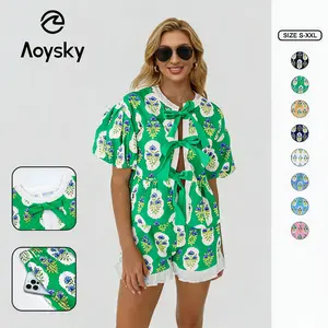 Aoysky Women's 2-Piece Cute Peplum Loose Lace Casual Summer Vacation Outfits - Puff Sleeve Babydoll Blouse, Ruffle Shorts Matching Set,summervibes