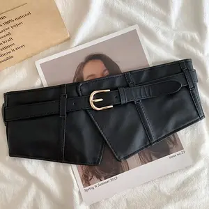 [Classic Pin Buckle Waspie Belt] Classic Pin Buckle Wide Belts Black Elastic PU Waistband Trendy Corset Waspie Belt Classic Dress Coat Girdle