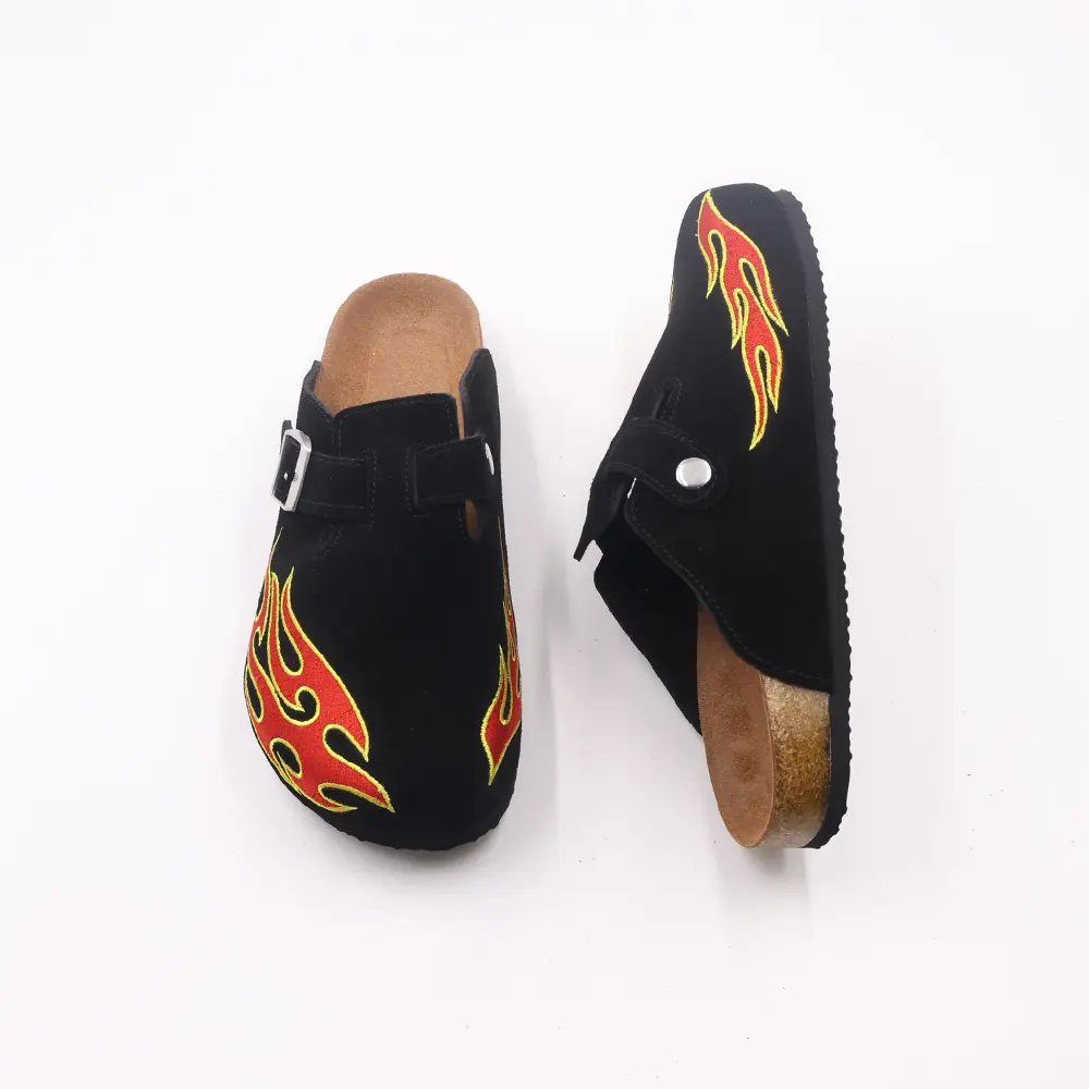 Men's Flame Embroidered Suede Clogs - Y2K Street Style Slip-On Mules, Comfort Cork Footbed, Adjustable Buckle, Non-Slip Casual Shoes for Men