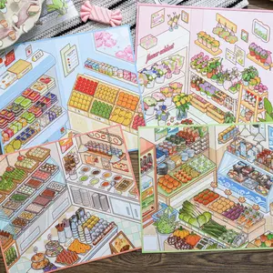 4 Pack Miniature Scene Sticker Set, Crafting Kit, Kawaii Grocery Flower Fruit Store for DIY Scrapbook Diary, Scrapbook Materials, New Shelf Series, Sticker Sheets